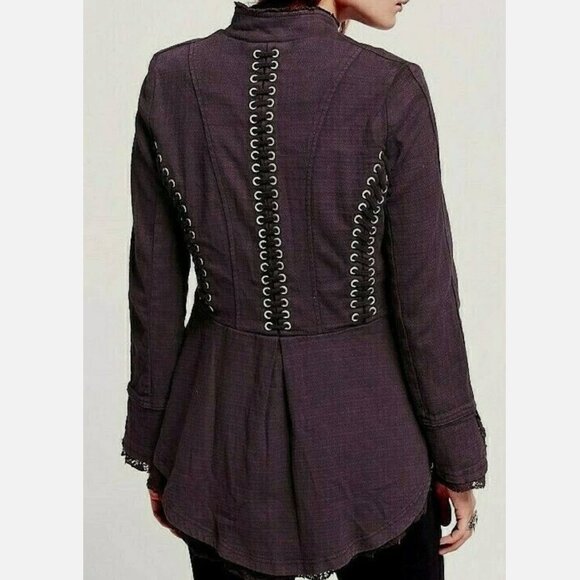 Free People Victorian Lace Up Military Jacket Corset Gray Ruffle Plum Steampunk - Picture 4 of 13